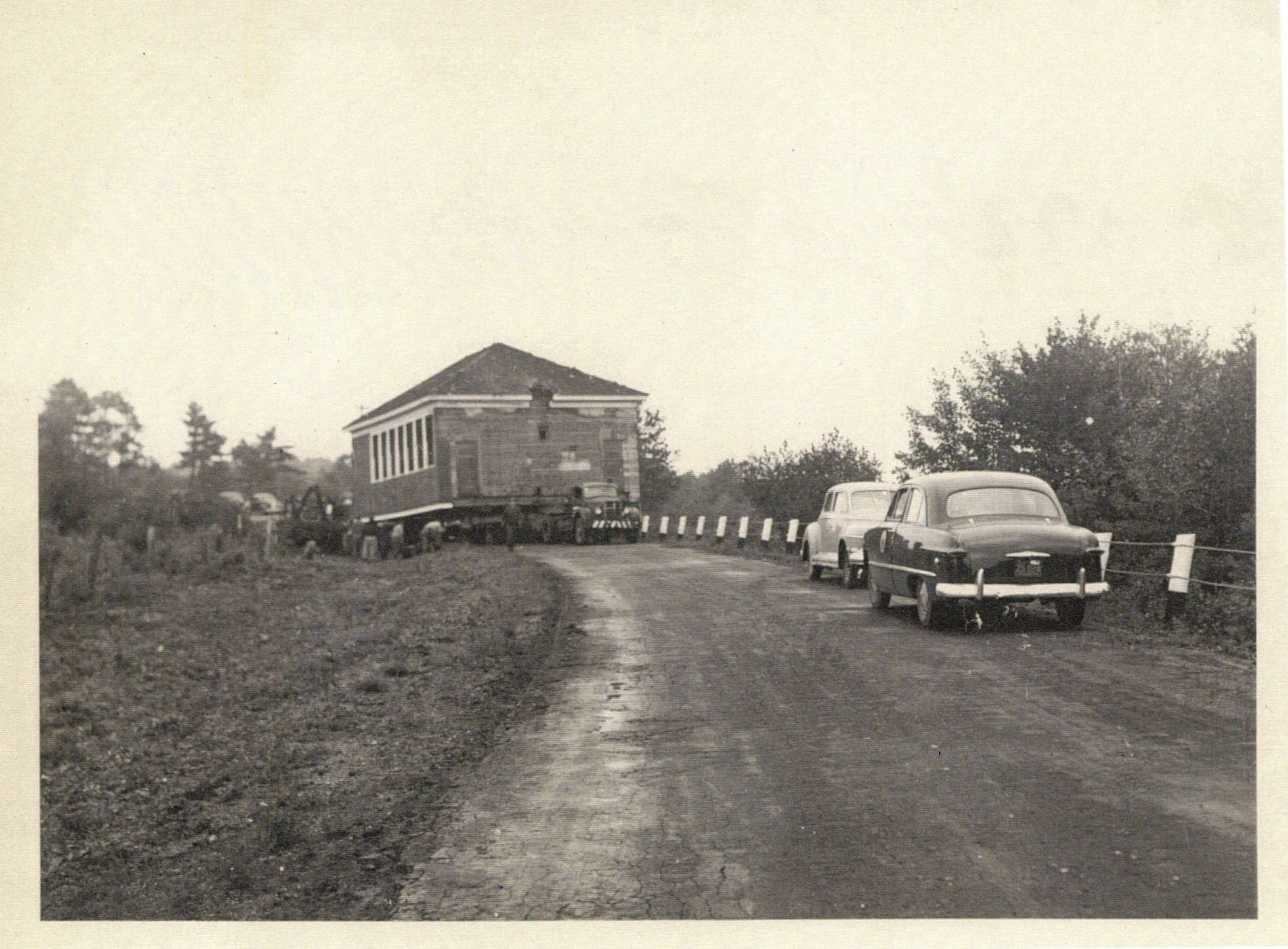Spurr’s Corner School moving down Route 121 to Pugleyville to become the new consolidated school, c. 1949
